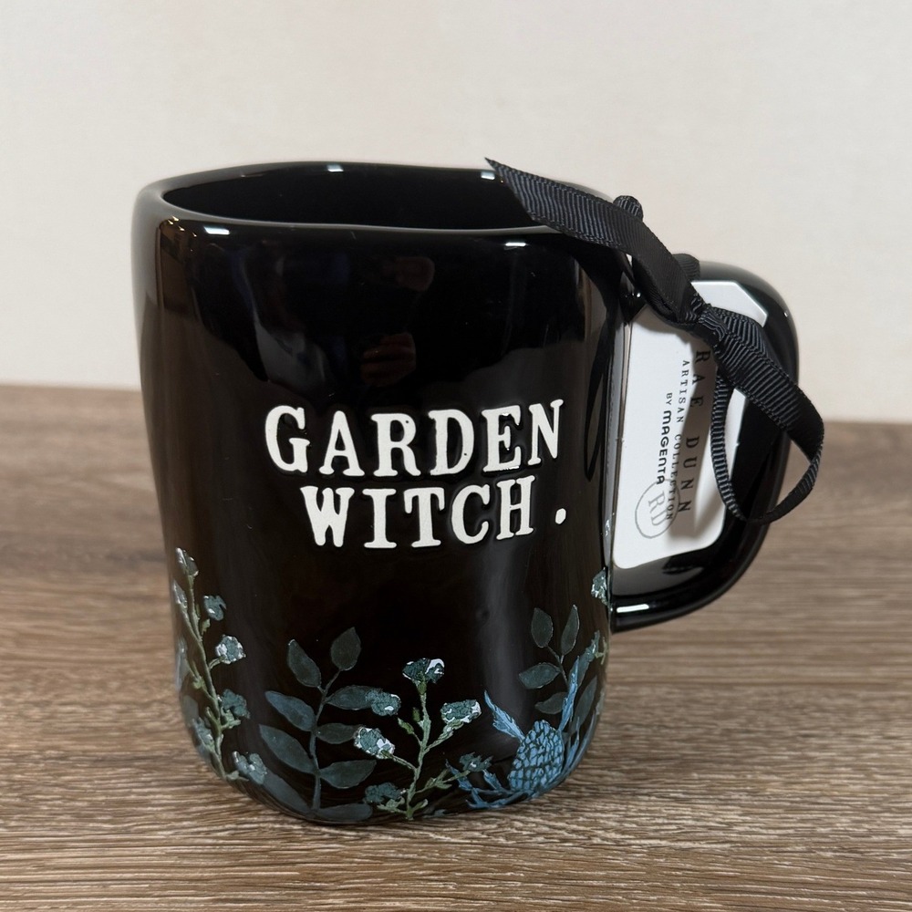 Rae Dunn Garden Witch Mug Artisan Collection Magenta Black Floral Ceramic NWT